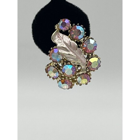 Aurora Borealis Flower Gold Tone Leaf Clip Earrings Necklace Set - Picture 3 of 16